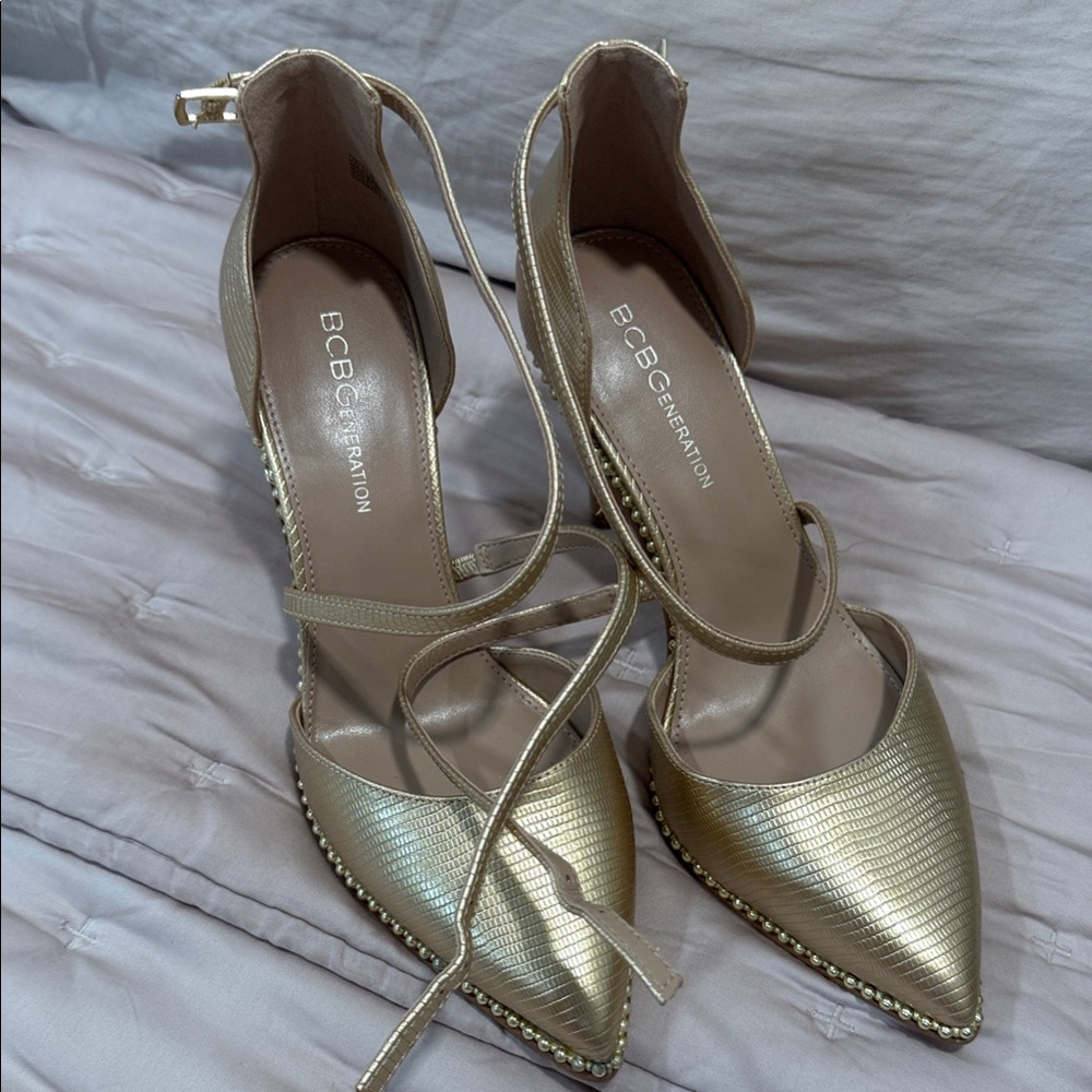 BCBGeneration Gold Pointed Toe Heels